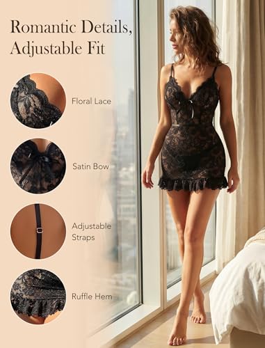 Image of Girece Sexy Lingerie for Women Babydoll Lingerie Dress Lace Chemise Nightgown with Adjustable Straps, Ruffle Hem G String