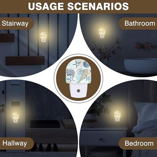 Image of Night Light, Corals and Seashells Night Lights Plug into Wall Dusk to Dawn Sensor Round Nightlight for Women Men Energy Efficient Led Lamp 0.5W for Stairway Hallway Bedroom