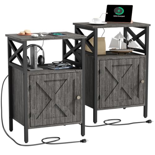 End Table Set of 2 with Charging Station, Side Table with Power Outlet & USB Ports, Nightstand with 2 Tiers Storage Space and Storage Cabinet, Sofa Side Tables for Bedroom, Living Room,Office, Grey