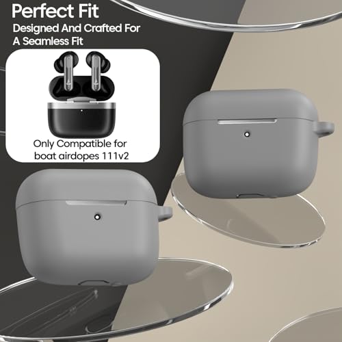 Image of Sounce Soft Silicone Case Cover Compatible with Boat Airdopes 111v2 -Scratch-Resistant Shockproof Protective Skin with Keychain Clip (Grey)