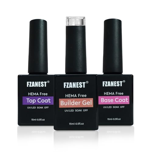 FZANEST Hema-free Builder with Gel Top and Base Coat, 15ml 3Pcs Gel Nail Kit for Nail Thickening Apex Building Extension Long Lasting Nail Protection Soak Off Led UV Glossy Gel