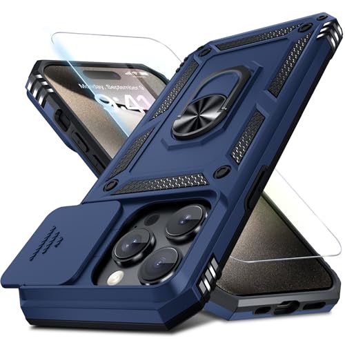 Janmitta for iPhone 15 Pro Phone Case Built in Slide Camera Lens Cover Blue