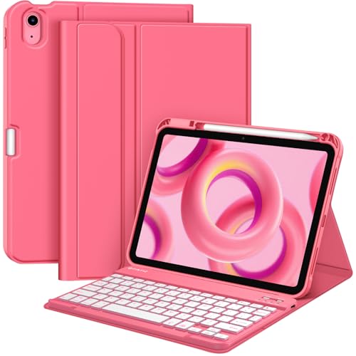 Fintie Backlit Keyboard Case for iPad (A16) 11th Generation 11 Inch 2025, iPad 10th Generation 10.9 Inch 2022 - Soft TPU Cover with 7 Color Backlight Detachable Bluetooth Keyboard, Pink