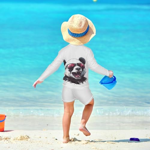 Cute Panda Sunglass White Toddler Swimsuit Boy 3T Long Sleeve Bathing Suits Sunsuit with Swim Trunks, 2 Piece4