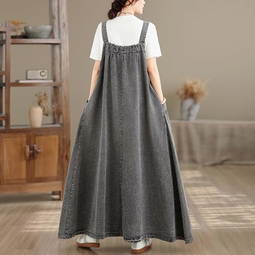 Image of Women's Casual Loose Denim Dress Sleeveless Adjustable Straps Denim Jumper Dress with Pockets