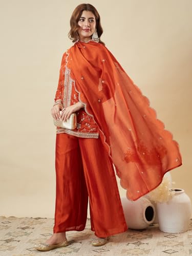 Image of MOKOSH Women's Silk Embroidery Kurta Sharara with Dupatta | Kurta Set | V Neck Full Sleeve Ethnic Suit | Indian Kurta Outfit with Sharara |3 Piece Outfit