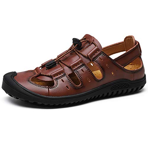 Yaer Herren Leder Sandalen Sommer Outdoor Wandersandalen Strandschuhe Geschlossene Sandalen ?Tiefbraun-1,40 EU?