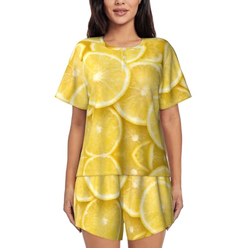 Pyjama 2 pièces court pour femme ensemble nuit ample jaune motif citron
