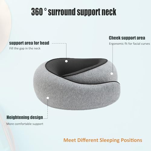 Travel Neck Pillow, Memory Foam Airplane Pillow with 360 Degree Support, Earplugs, Eye Mask and Storage Bag for Airplanes and Offices (Grey) by XINZSOUL - Image 3