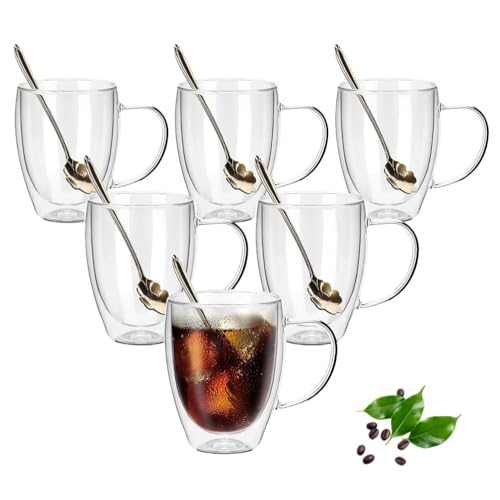 OPTVTAVITA Double Wall Glass Coffee Mugs Set of 6,350ML Insulated Glass Coffee Cups with Handles,Clear Coffee Mugs for Espresso,Latte,Cappuccino,Wine,Tea Bag,Hot or Cold Beverage