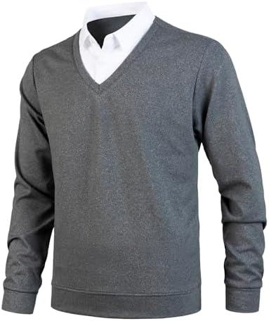 KTWOLEN Heren trui met mock overhemdkraag klassieke casual truien trui V-hals lange mouwen gebreide winter warme gebreide trui tops, houtskool, L KTWOLEN Heren trui met mock overhemdkraag klassieke casual truien trui V-hals lange mouwen gebreide winter warme gebreide trui tops, houtskool, L