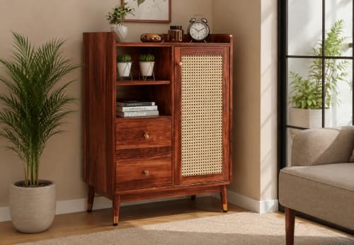 Image of Space Galaxy Solid Sheesham Wood Chest of Drawer with Cane Rattan Front | 2 Drawer Wooden Cupboard & Open Shelf Organizer | Tall Storage Furniture for Bedroom, Living Room & Home | Honey Oak Finish