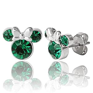 Disney Womens Minnie Mouse May Birthstone Stud Earrings – Minnie Mouse Earrings – Faux Emerald Earrings (May-Emerald Crystal)