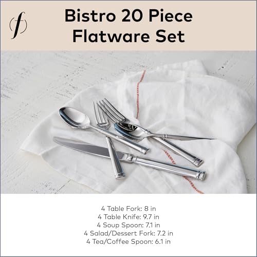 Image of FORTESSA Bistro 18 /10 Stainless Steel Flatware, 20 Piece Place Setting With Table Knives, Forks and Spoons (Service For 4), Dishwasher-Safe, Mirrored