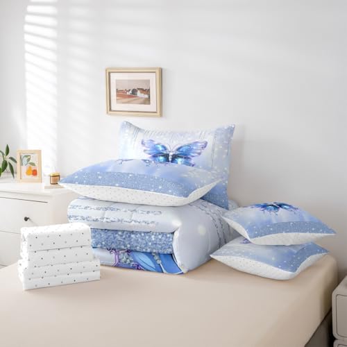 Image of Feelyou Butterfly Comforter Set with Sheets 7 Piece King Size Dreamy Princess Bedding Set for Kids Boys Girls Glitter Bed in a Bag Watercolor Butterflies Room Decor Soft Lightweight Microfiber