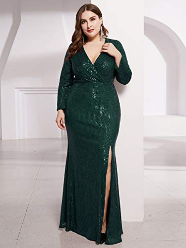 Women's Long Sleeve Plus Size Sequin Gowns Side Split Evening Dress Green Us22 #TOP2