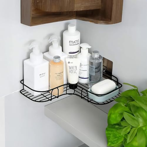 Image of HOUZA Self Adhesive Corner Shelf for Bathroom /Adhesive Shelf for Kitchen with Magic Sticker /Bathroom Organizer 𝐖𝐢𝐭𝐡𝐨𝐮𝐭 𝐃𝐫𝐢𝐥𝐥 (GI Metal, Black) - Pack of 1
