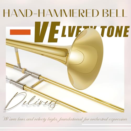 AKLOT Classic Bb Tenor Trombone: Entry-Level B Flat Brass Instruments with Hand-Hammered Bell, Anti-Tarnish Gold Lacquer Finish, Ideal for Beginner, Includes Hard Case, Mouthpiece, Gloves, Cloth - Thumbnail 6