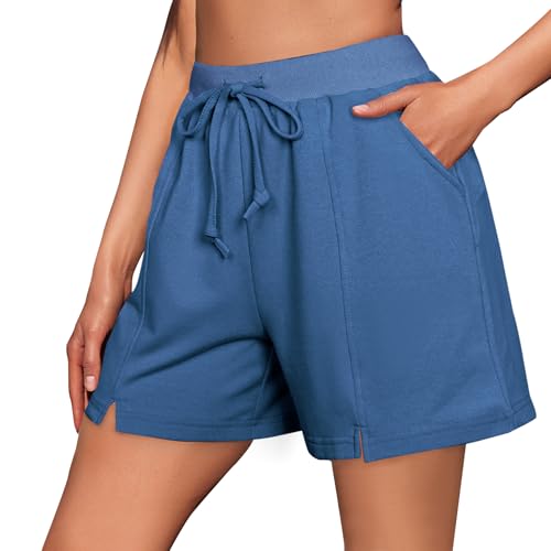 Litherday Women's Running Shorts Gym Summer Cotton Sports Bermuda Lounge Athletic Hiking Sweat Jogger High Waisted Casual with Pockets Sea Blue M