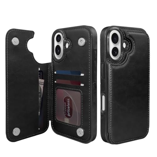 Étui portefeuille iPhone 16 chic et élégant en cuir synthétique noir de qualité