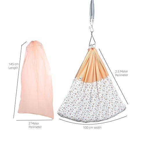 Image of Beetot New Born Baby Swing Cradle (Jhula) | Cradle Set With Mosquito Net, Spring And Triangle Hanger | Weight Capacity Up To 20Kg | Age From 0-12 Months | Bismark Premium (Orange) - Cotton