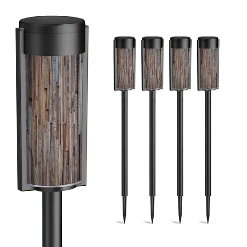 4 Pack Solar Pathway Lights Outdoor Waterproof Graphic Reclaimed Wood Solar Garden Lights LED Landscape Lighting for Yard Walkway Lawn Garden Decor