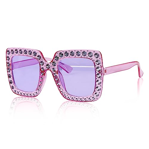 Image of Jagowa Rhinestone Square Sunglasses - Large Frame Crystal Shades for Women's Dress Costume Accessories (Purple) - 1 Piece