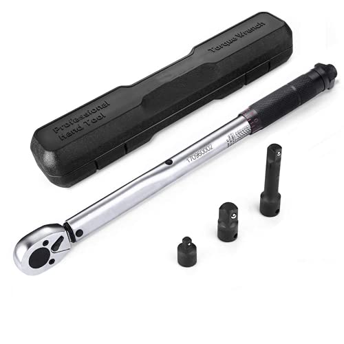 3/8 Drive Click Torque Wrench Set, 10-80 ft.- Lb./13.6-108.5 N/m, With 1/2, 1/4 Adapters and Extension Bar, Adjustable Torque Wrench Set for Bikes/ Motorcycle/ Cars