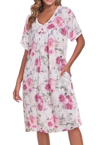 Image of AVIIER Nightgows for Women Soft Cotton Night Shirts Short Sleeve Sleepwear with Pockets