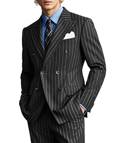 EMERAIDVLN Mens 2 Piece Suits Pinstripe Double Breasted Gomez Addams Costume Halloween Party Prom Stripe Blazer and Pants Set