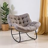 Egg Chairs Oversized Rattan Wicker Outdoor Rocking Chair Metal Frame Garden Rocking Chair Large Support Modern with Cushioned Seat (Light Grey)