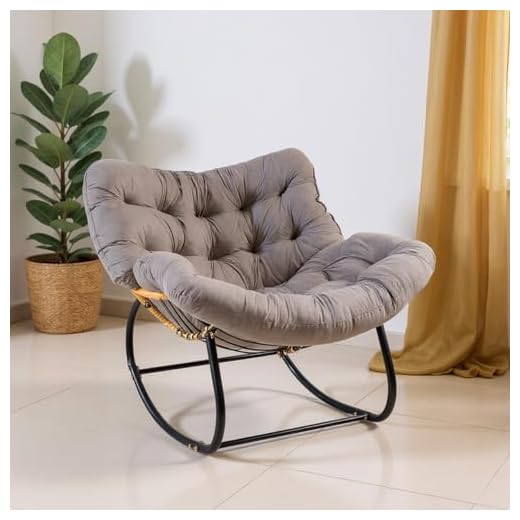 Egg Chairs Oversized Rattan Wicker Outdoor Rocking Chair Metal Frame Garden Rocking Chair Large Support Modern with Cushioned Seat (Light Grey)
