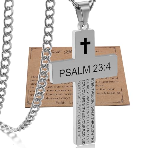 SKQIR Cross Necklace for Men with Bible Verse, Christian Religious Scripture First Communion Cross Chain Pendant for Boys Jewelry Easter Basket Essentials Stuffers Graduation Gifts