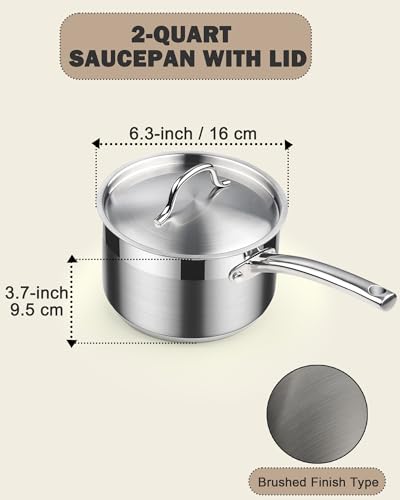 Cooks Standard Saucepan with Lid 18/10 Stainless Steel, 2-Quart Professional Sauce pot Mini Milk Pan, Oven Safe 500℉, Compatible with All Stovetops