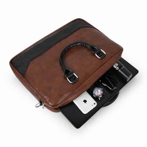 Image of Premium Vegan Leather Laptop Bag for Men | Office Briefcase with Shoulder Strap | Stylish Business Messenger Bag for 15.6 Inch Laptop, Documents & Travel (Tan & Black)