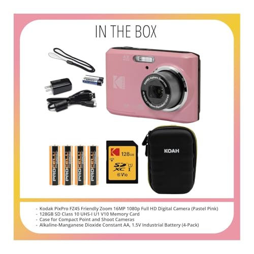 Kodak PIXPRO FZ45 Friendly Zoom 16MP 1080p Full HD Digital Camera (Pastel Pink) with 128GB SD Card, Compact Camera Case and Extra 4X AA Batteries Bundle (4 Items)
