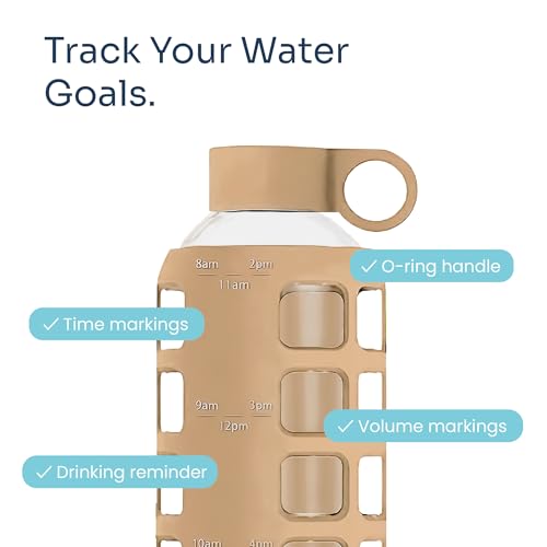 purifyou 40oz / 32oz / 22oz / 12oz Borosilicate Glass Water Bottle with Time & Volume Markers, Silicone Sleeve, Stainless Steel Lid | Reusable Glass Bottle for Water & Juice (22oz Iced Coffee)