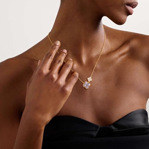 Gold Necklace for Women Birthstone Necklace for Women 14K Gold Plated Dainty Four Leaf Clover Cubic Zirconia Pendant Flower Necklace Gold Jewelry Gift for Women - Image 6