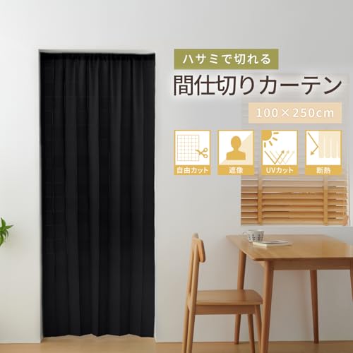 クモリ(Kumori) 間仕切りカーテン フリーカット 好きな形にアレンジ 目隠し 暖簾 のれん アコーディオンカーテン 突っ張り棒 シンプル おしゃれ 無地 チェック調 長さ調整可能 UVカット 遮像 プライバシー保護 程よい透け感 断熱 遮熱 省エネ 洗える (幅100cm×丈250cm・ブラック) [2]