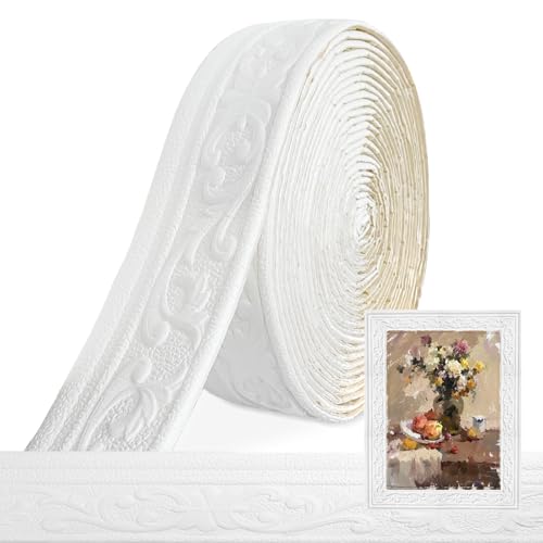 YuLiMirich Bordüre Selbstklebend Weiß - 8cm(B)*5mm(D)*10m(L) - 3D Zierleisten Selbstklebende Stuckleisten Wand Wasserdicht Wandbordüre Leisten Selbstklebend für Ecken Linien Decken Dekoration