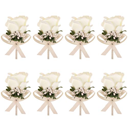 Aivanart 8 Pcs Ivory Rose Boutonnieres Groom Flower for Wedding Party Prom Man