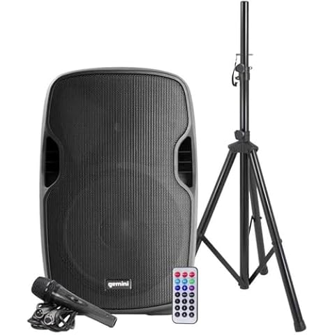 Gemini as Series AS-15BLU-PK Bluetooth Portable Party Speakers Bundle, 15" 2000W Active PA Loudspeaker, Heavy Duty Speaker Stand, Remote, Microphone Cover