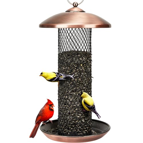Kingsyard Mesh Tube Bird Feeders for Outdoors Hanging, All Metal, Wild Bird Feeder for Sunflower Seeds or Mealworm, Large Tray & Weatherproof Roof, 2.5 lbs Capacity (Antique Copper)