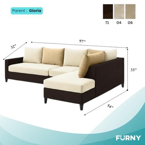 Image of FURNY Glory 6 Seater RHS Fabric Sofa Set (Dark Brown-Cream-Beige) with Velvet Finish | Durable Comfort | Ideal for Living Room. | Breathable material