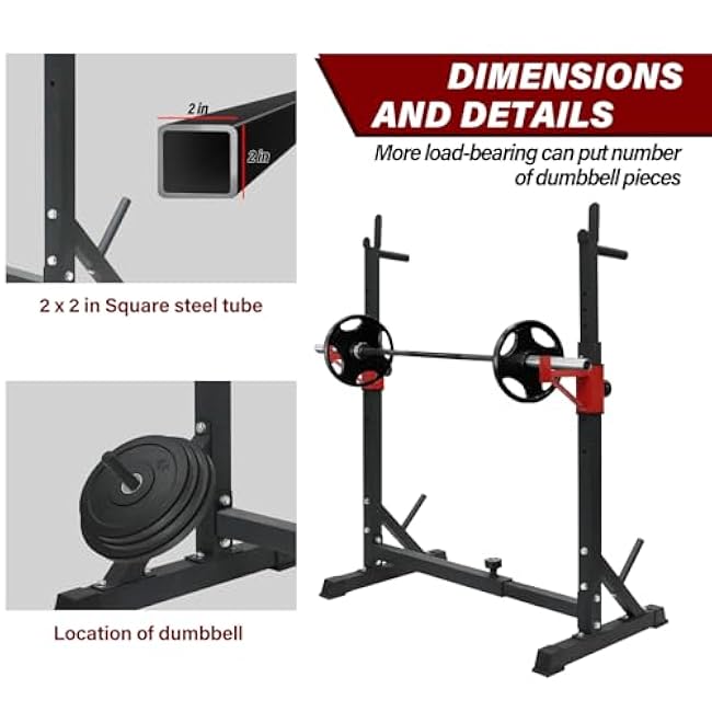 BESTHLS Adjustable Squat Rack Stand with Barbell Rack, Weight Plate Holder, J Hooks,Dip Bar Station for Bench Press Strength Training Max Load 550LBS Suitable for Gym and Home Fitness