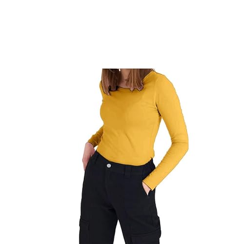 P&R DANCEWEAR LTD - Camiseta de manga larga con cuello redondo para mujer - Moderna - Elegante - Camiseta, Mostaza, S-M