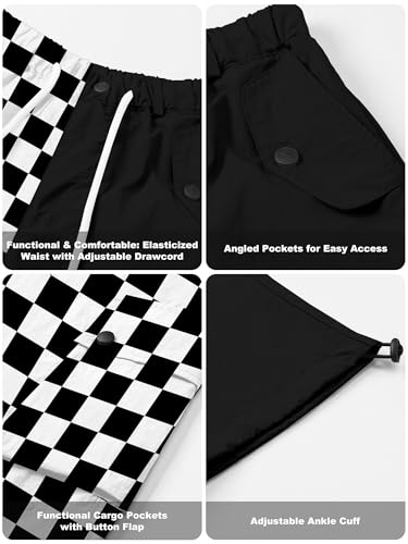 Image of Betusline Girls & Women's High Waist Wide Leg Cargo Pants Y2K Parachute Pants with Pockets and Drawstring 6 Years-Women 2XL
