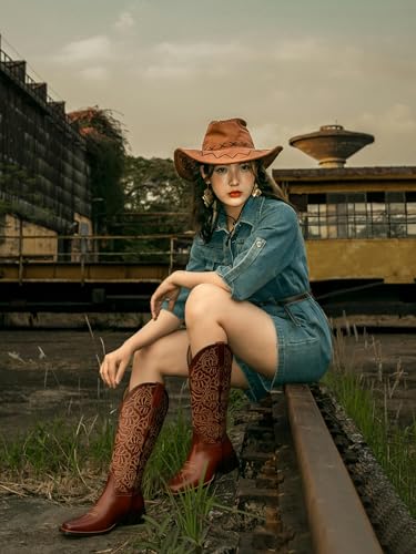 Image of Western Cowboy Boots for Women Knee High Cowgirl Boots with Classic Embroidered, Pointed Toe Chunky Heel Fashion Retro Classic Pull On Tall Boot Women Fall Winter