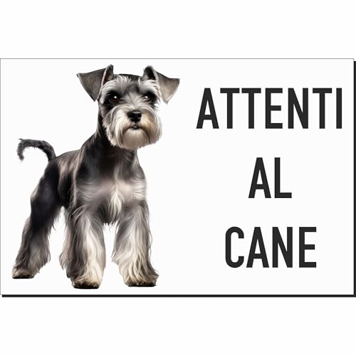 INDIGOS UG - Targa personalizzata Attenti al Cane con immagine Schnauzer Nano - 20x15 cm - bianca - alluminio composito 3 mm - cartello cane da esterno resistente per cancello porta casa giardino