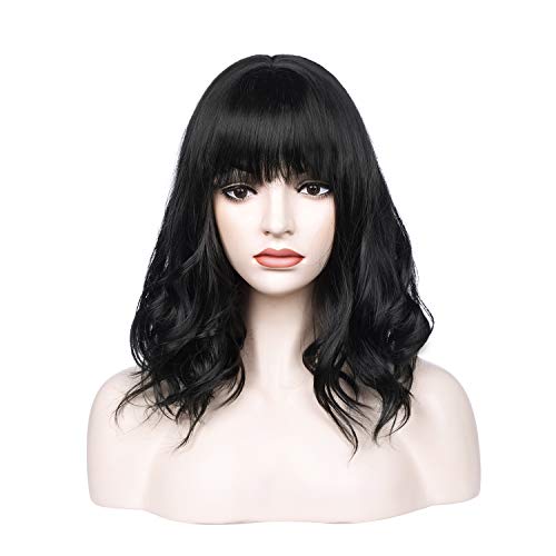 incohair 14 Inches Black Wig Pastel Wavy Wig with Air Bangs Women Girls Short Bob Curly Wig Shoulder Length Synthetic Cosplay Wig Wig Cap Included